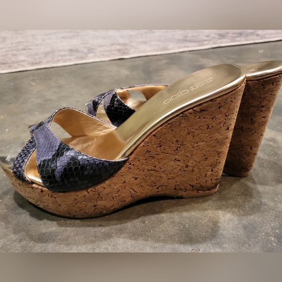 Jimmy Choo wedge cork heels gray snakeskin 38 1/2 7-7.5 sandals - Picture 2 of 16